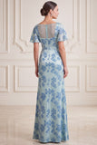 Robe de mère de mariée à manches froncées à fourreau gris-bleu à fourreau en V à manches fronçées