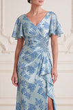 Robe de mère de mariée à manches froncées à fourreau gris-bleu à fourreau en V à manches fronçées