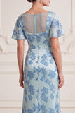 Robe de mère de mariée à manches froncées à fourreau gris-bleu à fourreau en V à manches fronçées