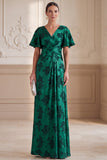 Robe Maxi Mother of the Bride A-Line vert foncé à col en V Jacquard à manches fronçées Maxi Mother of the Bride