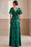 Robe Maxi Mother of the Bride A-Line vert foncé à col en V Jacquard à manches fronçées Maxi Mother of the Bride