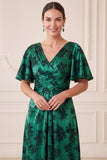 Robe Maxi Mother of the Bride A-Line vert foncé à col en V Jacquard à manches fronçées Maxi Mother of the Bride