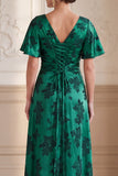 Robe Maxi Mother of the Bride A-Line vert foncé à col en V Jacquard à manches fronçées Maxi Mother of the Bride