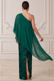Robe Maxi Mother of the Bride à étui vert foncé à étui vert foncé imprimé en satin sur une épaule avec une cape