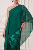 Robe Maxi Mother of the Bride à étui vert foncé à étui vert foncé imprimé en satin sur une épaule avec une cape