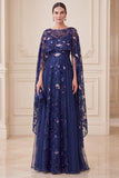 Robe de la mère de la mariée à la maquette A-Line Illusion à col A, maxi, robe de la mariée avec cape