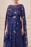 Robe de la mère de la mariée à la maquette A-Line Illusion à col A, maxi, robe de la mariée avec cape