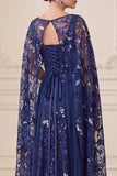 Robe de la mère de la mariée à la maquette A-Line Illusion à col A, maxi, robe de la mariée avec cape