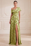 Robe maxi-mère de la mariée verte asymétrique à une épaule imprimée Maxi Mother of the Bride avec fente latérale