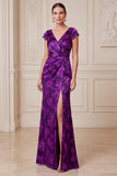 Robe maxine maxi, maxi, madain Jacquard en satin violet foncé, robe de la mariée avec fente latérale