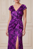 Robe maxine maxi, maxi, madain Jacquard en satin violet foncé, robe de la mariée avec fente latérale