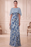 Robe de la mariée à étui gris-bleu à col bateau à étui longue, avec cape