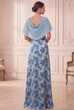 Robe de la mariée à étui gris-bleu à col bateau à étui longue, avec cape