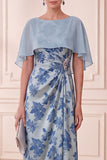 Robe de la mariée à étui gris-bleu à col bateau à étui longue, avec cape