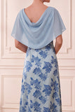 Robe de la mariée à étui gris-bleu à col bateau à étui longue, avec cape