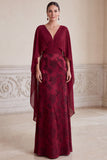 Robe longue de la mère de la mariée Jacquard à fourreau bourgogne à col en V
