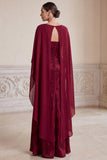 Robe longue de la mère de la mariée Jacquard à fourreau bourgogne à col en V