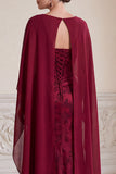Robe longue de la mère de la mariée Jacquard à fourreau bourgogne à col en V