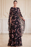 Robe maskini maskini maxi, madaine de la mariée à motif de fleurs rose noires, ligne A, collette batteau