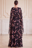 Robe maskini maskini maxi, madaine de la mariée à motif de fleurs rose noires, ligne A, collette batteau