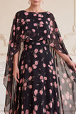 Robe maskini maskini maxi, madaine de la mariée à motif de fleurs rose noires, ligne A, collette batteau