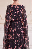 Robe maskini maskini maxi, madaine de la mariée à motif de fleurs rose noires, ligne A, collette batteau