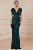 Robe longue de la mère de la mariée à paillettes vert foncé à col en V