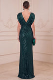 Robe longue de la mère de la mariée à paillettes vert foncé à col en V