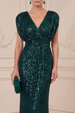 Robe longue de la mère de la mariée à paillettes vert foncé à col en V