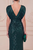 Robe longue de la mère de la mariée à paillettes vert foncé à col en V
