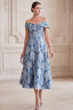Gris-bleu ligne en A décollée sur les épaules Jacquard Midi robe mère de la mariée
