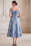 Gris-bleu ligne en A décollée sur les épaules Jacquard Midi robe mère de la mariée