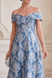 Gris-bleu ligne en A décollée sur les épaules Jacquard Midi robe mère de la mariée