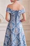 Gris-bleu ligne en A décollée sur les épaules Jacquard Midi robe mère de la mariée
