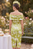 Robe midi de mère de la mariée imprimée en satin vert à épaules décollées avec fente