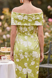 Robe midi de mère de la mariée imprimée en satin vert à épaules décollées avec fente