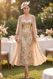 Champagne paillettes broderie midi Robe mère de la mariée avec couverture en mousseline
