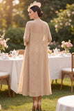 Champagne paillettes broderie midi Robe mère de la mariée avec couverture en mousseline