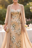 Champagne paillettes broderie midi Robe mère de la mariée avec couverture en mousseline