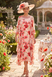 Robe midi de mère de la mariée à col rond à col rond 3/4 en fleur rouge avec couverture en chiffon