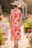 Robe midi de mère de la mariée à col rond à col rond 3/4 en fleur rouge avec couverture en chiffon