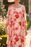 Robe midi de mère de la mariée à col rond à col rond 3/4 en fleur rouge avec couverture en chiffon
