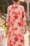 Robe midi de mère de la mariée à col rond à col rond 3/4 en fleur rouge avec couverture en chiffon
