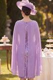 Robe midi de la mère de la mariée en broderie florale violette avec une cape en mousseline