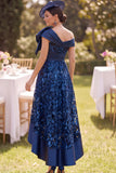 Robe de la mariée en satin en dentelle basse haut de marine à épaules dénudées, large nœud
