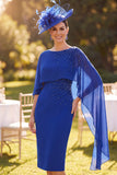 Robe de mère de la mariée midi à col bateau bleu bleu perlé