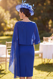Robe de mère de la mariée midi à col bateau bleu bleu perlé