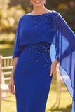 Robe de mère de la mariée midi à col bateau bleu bleu perlé