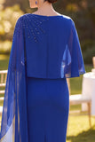 Robe de mère de la mariée midi à col bateau bleu bleu perlé