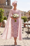 Robe de mère de la mariée Midi à paillettes roses à paillettes et cape en mousseline